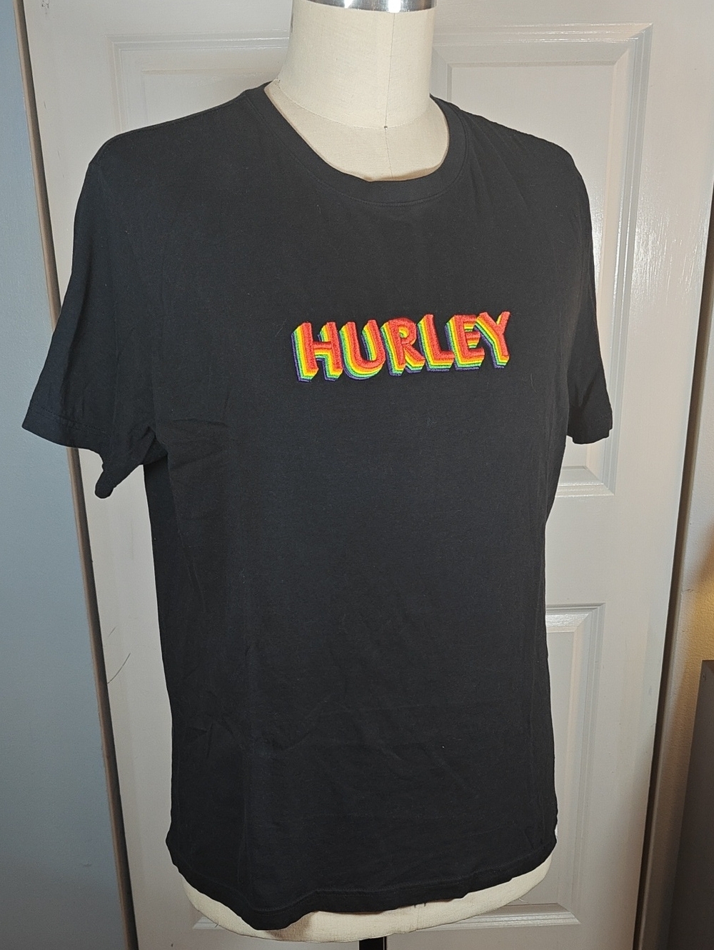 Hurley Men Black 100% Cotton Neon Rainbow Pride Raised Logo Graphic T-Shirt XL